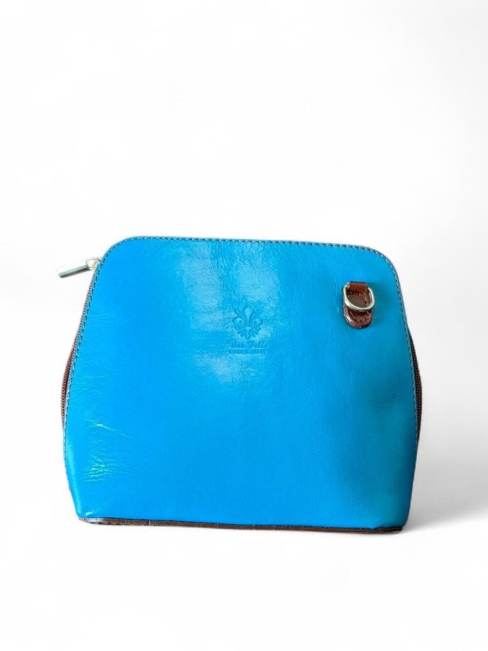 Vera pelle Blue leather purse with brown trim and zipper closure  Missing strap